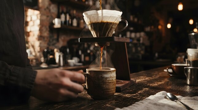 Barista Pouring Coffee with V60 Manual Brew Drip Coffee