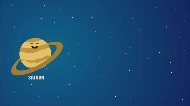 Saturn animation with cute face and copy space area for astronomy solar system presentation and education