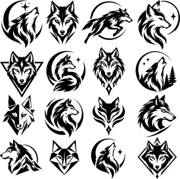 Howling wolf head mascot logos vector set. Wild wolves tribal silhouette badges collection.