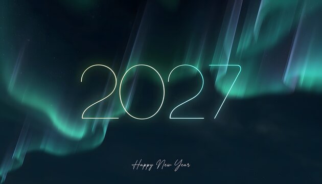 Elegant neon 2027 text design with vibrant aurora borealis background for winter season promotions.
