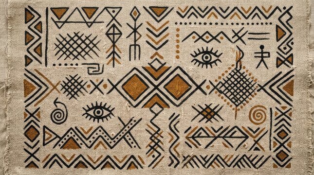 Abstract Ethnic Tribal Pattern Background Featuring Hand-Drawn Geometric Symbols and Primitive Folk Art Motifs in Black and Ochre on a Textured Natural Beige Linen Canvas Fabric Material Surface