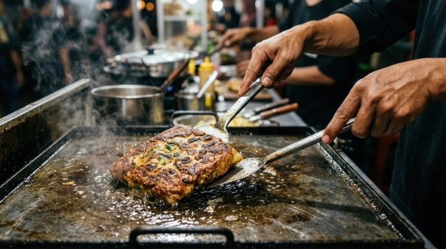 Street vendor frying savory martabak egg pancake on a hot metal griddle