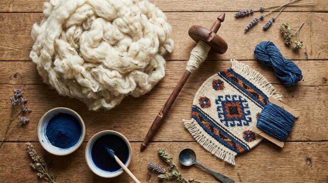 Top view flat lay of raw cream sheep wool, a traditional wooden drop spindle, indigo natural dye bowls, and hand-woven textile with yarn on a rustic wooden background for textile craft concepts.