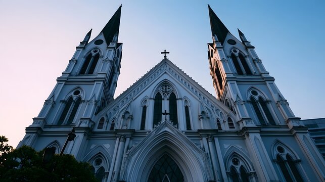 A grand cathedral with two tall spires and ornate Gothic architecture under a clear sky at dawn or dusk