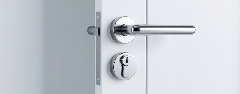 Modern silver door handle, lock on white door. Close up of metal lever handle with keyhole mechanism. Minimalist interior hardware design for home office entrance. Steel latch, secure lock system on