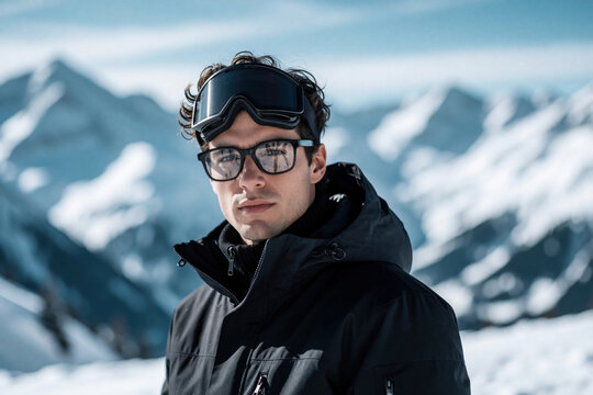 Young man wears ski goggles and glasses with modern jacket. Snowy mountain backdrop for winter sports or resort advertisement. Outdoor portrait in crisp air.