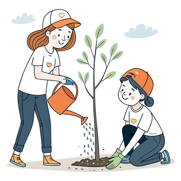 Two women with orange caps planting sapling and watering with heart logo on shirts.