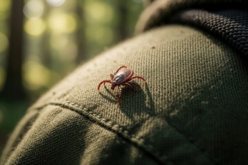 Fototapeta premium Single tick crawls on green fabric, small parasite that poses health risk. This macro shot highlights danger of outdoor activities like hiking in woods. Awareness and protection are important.