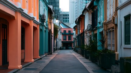 Fototapeta premium A narrow alleyway lined with colorful colonial style buildings under soft evening light creating a serene urban atmosphere