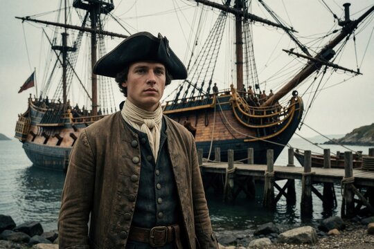 Man in 18th century outfit stands on a rocky shore near a wooden dock. Large historic sailing ship waits in harbor waters. Man looks serious, facing camera with a backdrop of sea and sky.
