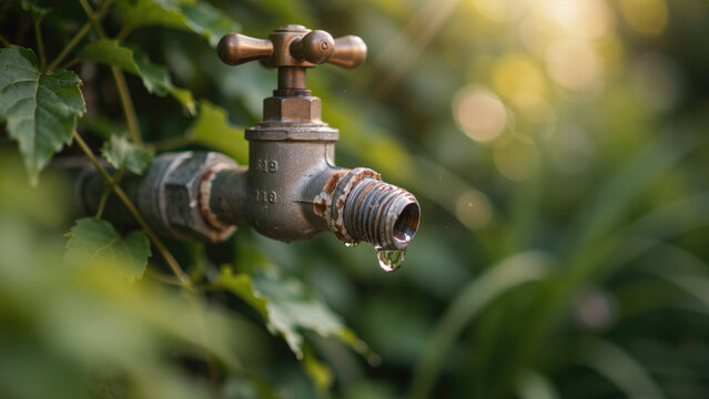 A weathered metal faucet dripping a single drop of water in a lush garden with hanging nozzle surrounded surrounded green foliage close old rusty garden tap