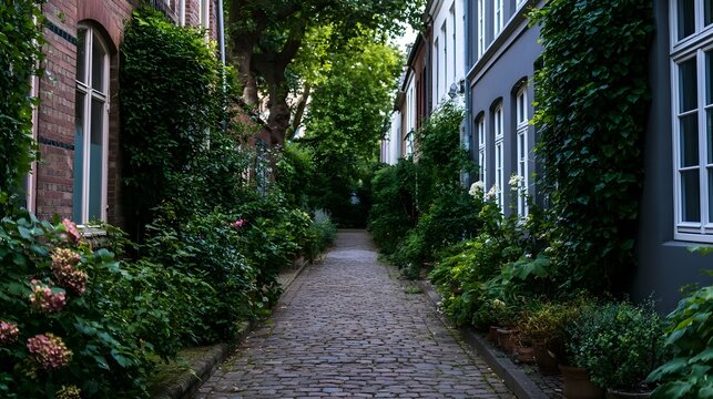 A narrow cobblestone alleyway flanked by lush greenery and historic brick and painted buildings with white