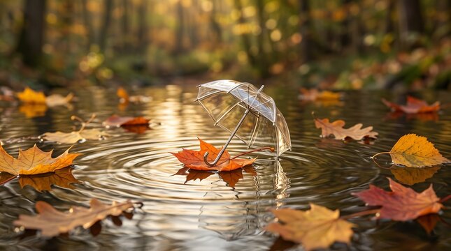 Transparent miniature umbrella on a floating autumn maple leaf in a puddle with gentle ripples in a sunny forest