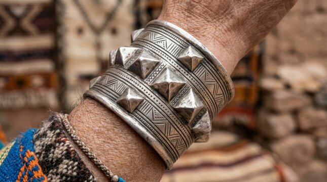 Close-up of a traditional handcrafted Berber silver cuff bracelet with pyramid studs and intricate engravings worn on an arm, representing North African heritage and artisanal metalwork craft.