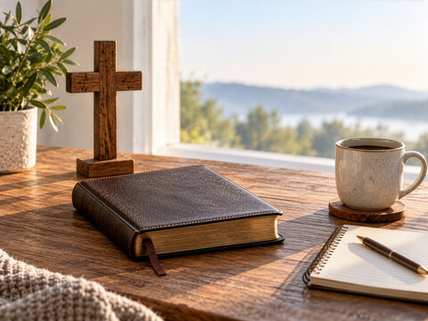 Christian devotional still life with Bible, wooden cross, coffee and prayer journal