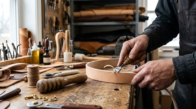 Skilled Leatherworker Crafting Circular Belt Guitar Strap in Rustic Workshop