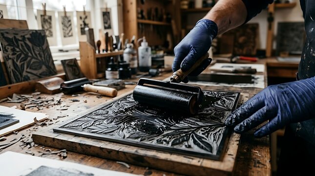 Artisan Printmaking Artist Using Roller on Carved Metal Plate in Studio