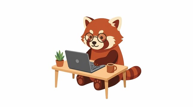 Cute red panda wearing glasses working on a laptop computer.
