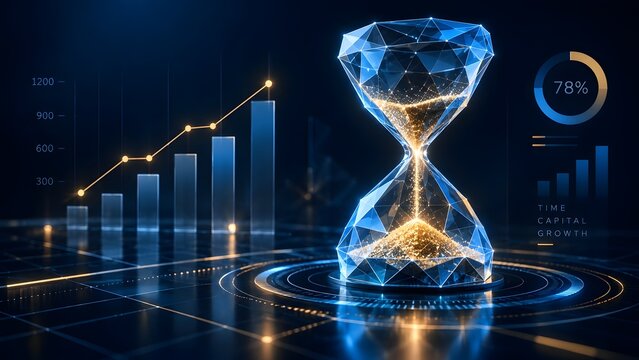 Abstract digital hourglass with flowing golden sand and geometric polygonal structure symbolizing time capital and growth against a dark blue background with financial charts and data visualizations.