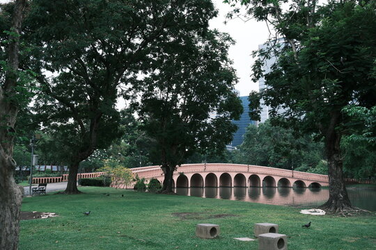 Pink arched bridge crossing a landscaped park beneath mature trees