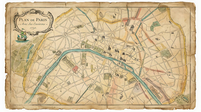An antique paper cartography depicting historic streets and the winding river of France capital city during the eighteenth century period with parchment texture and ornate cartographic