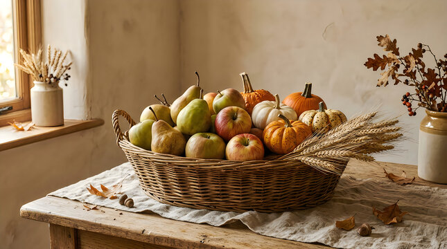 Abundant harvest of pears and pumpkins displayed in rustic woven baskets on a table