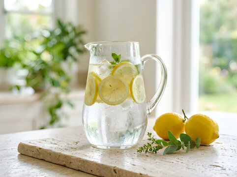 Refreshing lemon water in a glass pitcher with fresh lemons on a marble surface