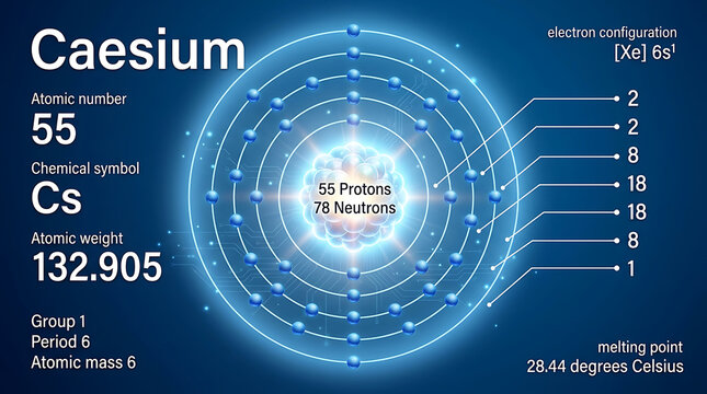 Educational infographic showcasing the atomic structure of chemical element caesium featuring proton count, electron shell distribution, and physical properties for scientific learning