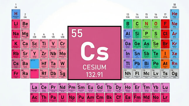 An educational chemistry chart displays the periodic table with a prominent highlighted square showing the chemical symbol for cesium and its atomic number for students learning science