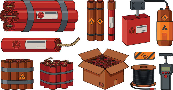 Explosive Dynamite and TNT Weapon Vector Icon Set Featuring Detonator, Wire Reel, Cardboard Box, and Hazardous Sticks for Video Game Asset Designs