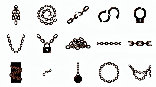 Black And Orange Two Tone Flat Vector Chain Shackle Haunted Dungeon Shapes Collection

