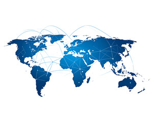 Fototapeta premium Digital world map with connecting nodes, global network and data transfer illustration