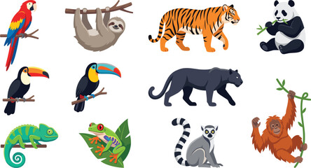 Fototapeta premium Tropical Jungle Wild Animal Icon Set Featuring Tiger Panda Sloth Macaw Toucan Panther Chameleon Tree Frog and Orangutan for Nature and Wildlife Designs