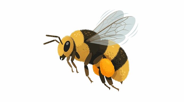 Detailed illustration of a flying honey bee with pollen baskets on its legs.