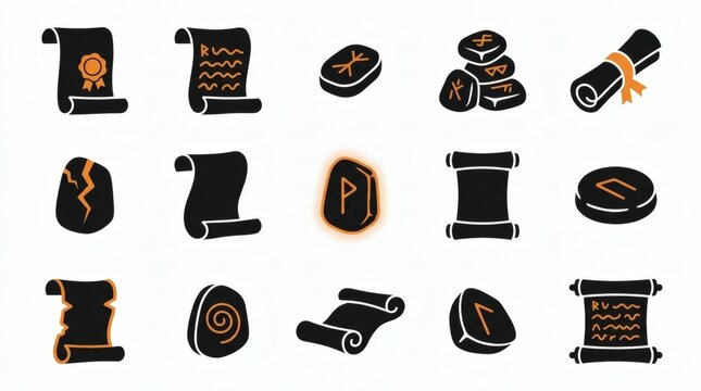 Black And Orange Two Tone Flat Vector Spell Scroll Rune Stone Shapes Collection

