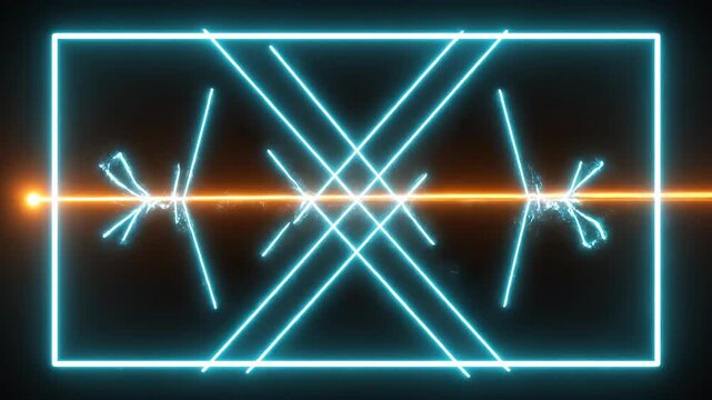 Abstract orange light beam refracting within glowing blue geometric frames on black background