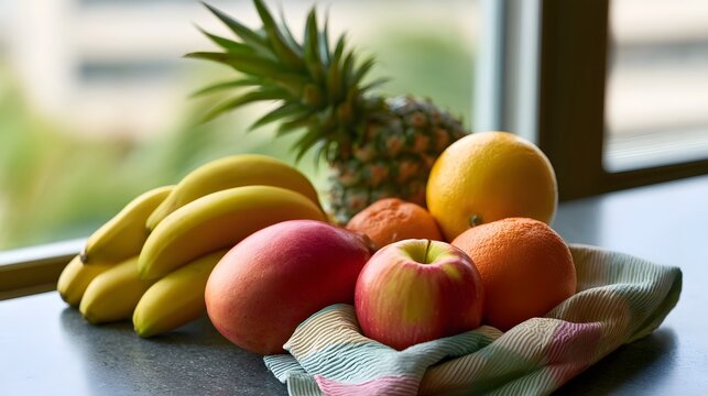 A vibrant arrangement of tropical and temperate fruits resting on a countertop near a bright window