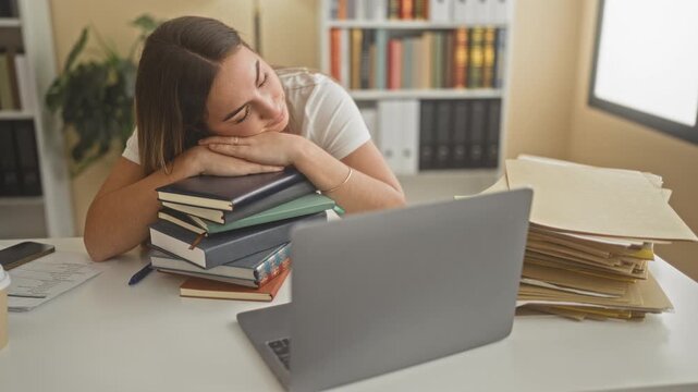 Woman resting head on stack of books beside open laptop at desk in a building; fatigue concentration pressure.