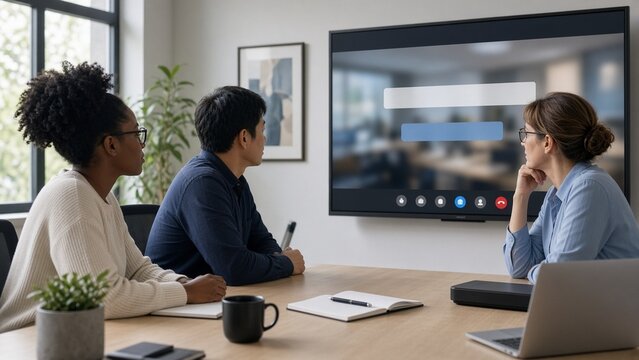 Colleagues collaborating with captioned video call on screen