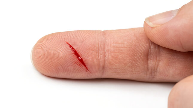 A painful bleeding injury with a visible red laceration across human skin on the digit requires immediate medical attention and proper disinfection to prevent infection during daily life