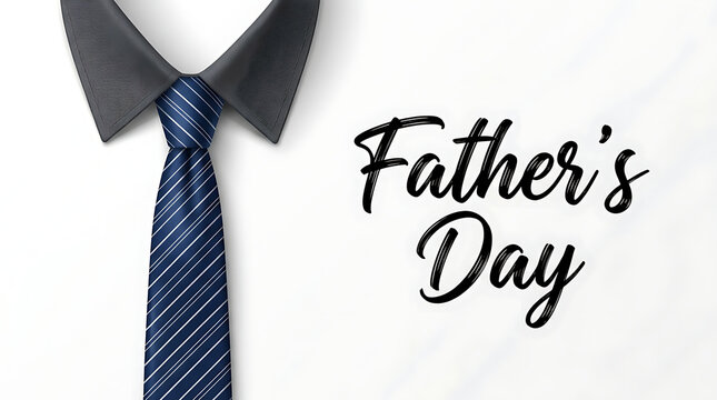 A festive greeting card featuring a stylish blue necktie with stripes alongside a shirt collar and handwritten text celebrating the annual holiday dedicated to honoring fathers everywhere