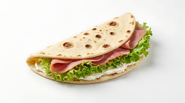 A delicious folded flatbread filled with savory ham, fresh crisp lettuce, and creamy cheese ready to eat as a quick handheld meal for busy people during lunch breaks