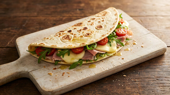 A delicious folded flatbread filled with savory ham, melted cheese, fresh tomatoes, and greens sits invitingly on a wooden cutting board, presenting a mouthwatering culinary masterpiece