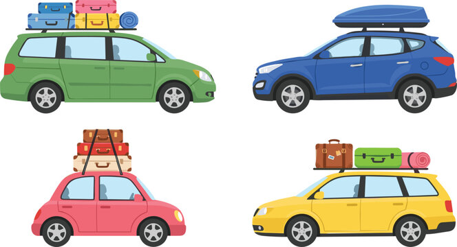Family road trip cars vector flat illustration collection set with luggage suitcases roof racks and vacation travel vehicles