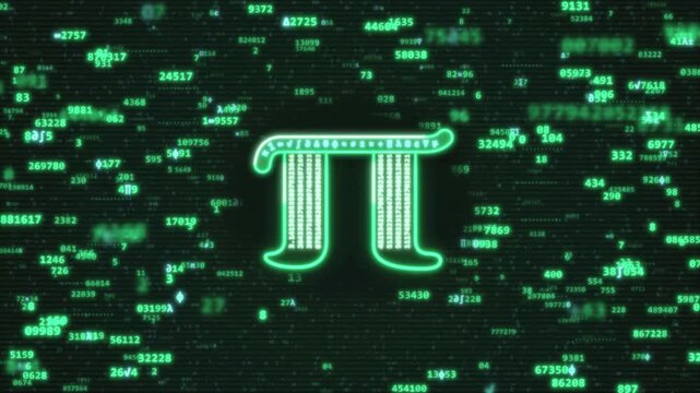 Glowing pi irrational number with infinite digits, neon green data and futuristic digital effect. Pi circumference math with floating pi digits and math symbols and encryption and data integrity loop