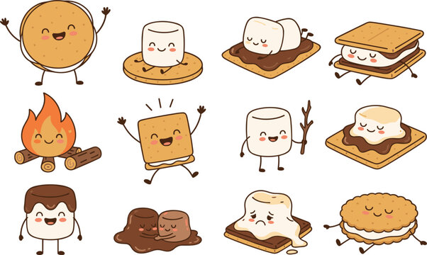  Cute cartoon smores character vector set with funny roasted marshmallow graham cracker chocolate and campfire illustrations,