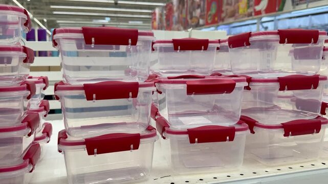Row of plastic food storage containers with red lids stacked on a shelf. Kitchenware organization, household product, plastic box.
