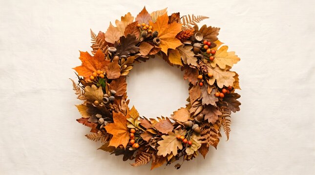 Handcrafted autumn wreath of maple, oak, and golden leaves, circular harvest decor, rustic front-door charm, and warm fall seasonal welcome. 