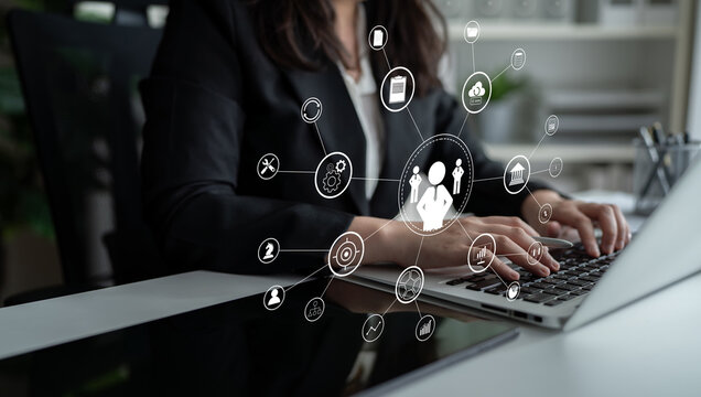 A concept of centralized business management and corporate strategy. A leadership team connecting to all functions like finance, operations, and planning. Motif
