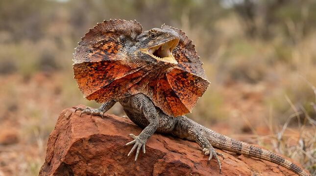 A wild frilled lizard displays its magnificent colorful neck ruff while perched defensively on a reddish rock formation within the arid outback wilderness of the Australian continent